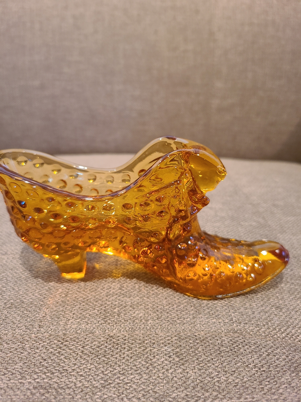 Vintage Fenton Art Glass Amber Hobnail "Cat Head" Slipper/Shoe